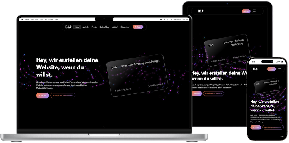 Eine dynamische Darstellung der Website von Dommert Amberg Webdesign auf einem Laptop, einem iPad und einem Smartphone. 